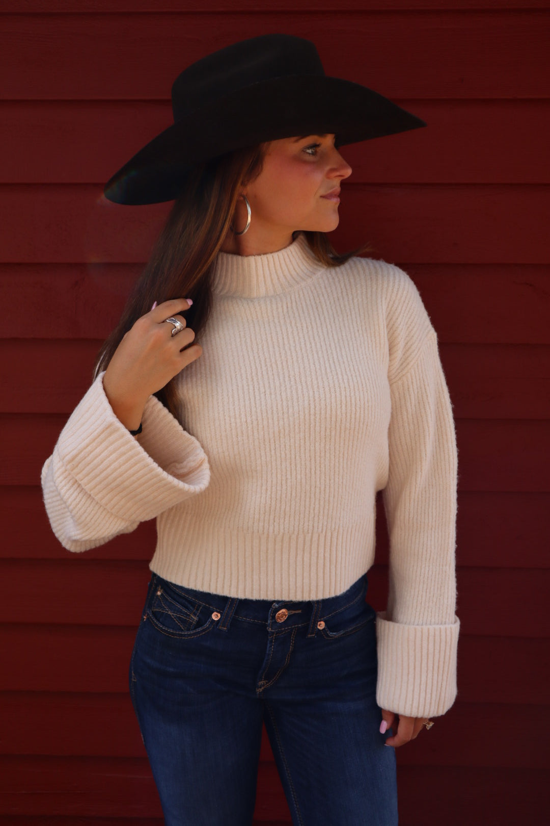 Birch Mock Neck Foldover Sleeve Sweater