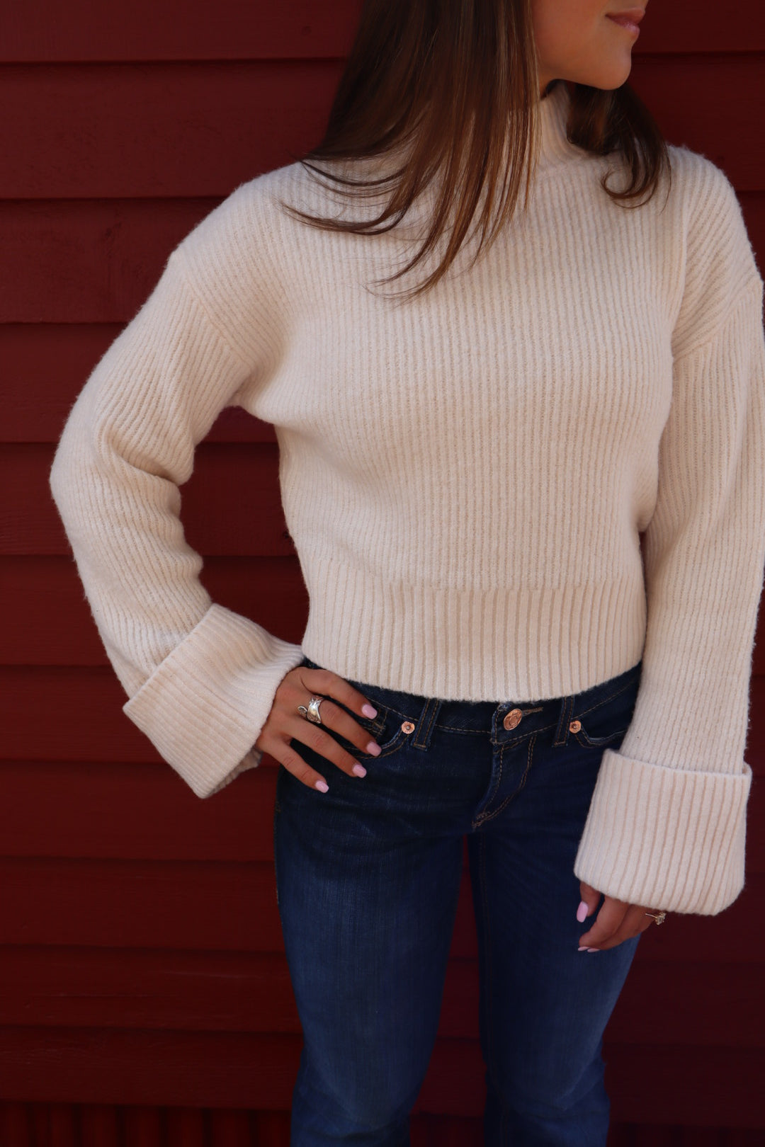 Birch Mock Neck Foldover Sleeve Sweater
