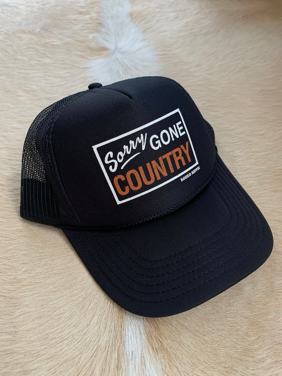 sorry gone country trucker hat, black, rodeo hippie, foam, country, western, fishing